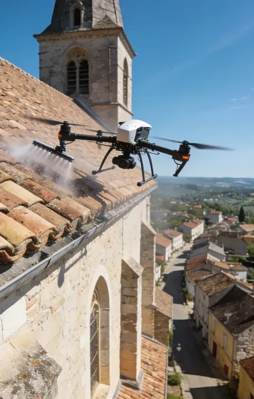 nettoyage de toiture d'une église par drone