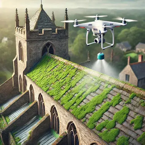 Nettoyage-de-toiture-d'église-par-drone